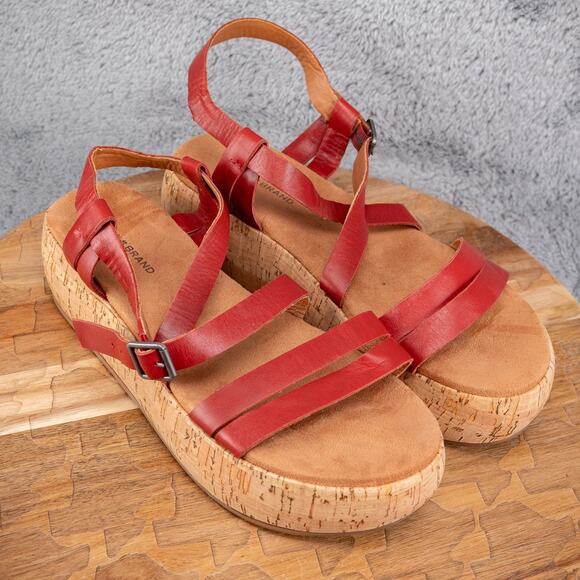 Lucky Brand Jacobean Platform Sandals Size 8.5 M Rust Red Strappy Buckle Cork - Picture 1 of 7